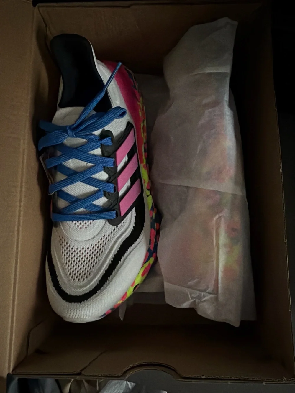 Adidas Ultraboost Light Running Shoe - White with Pink & Neon Multicolor Sole